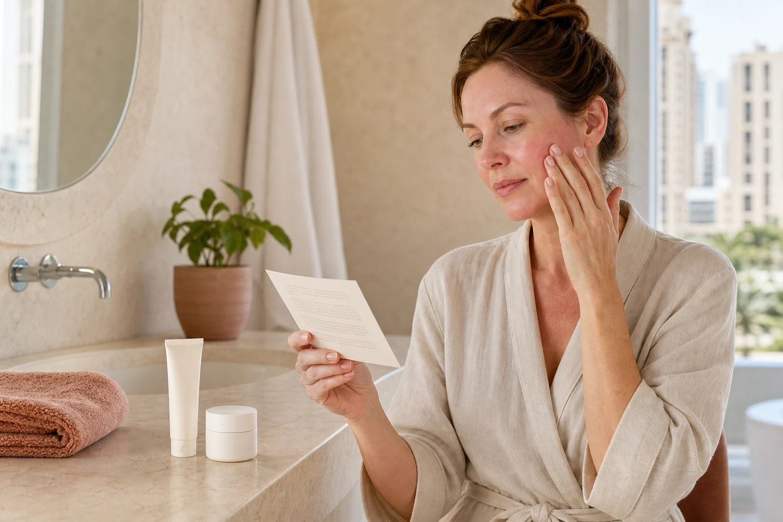Adult following written facial treatment aftercare at home