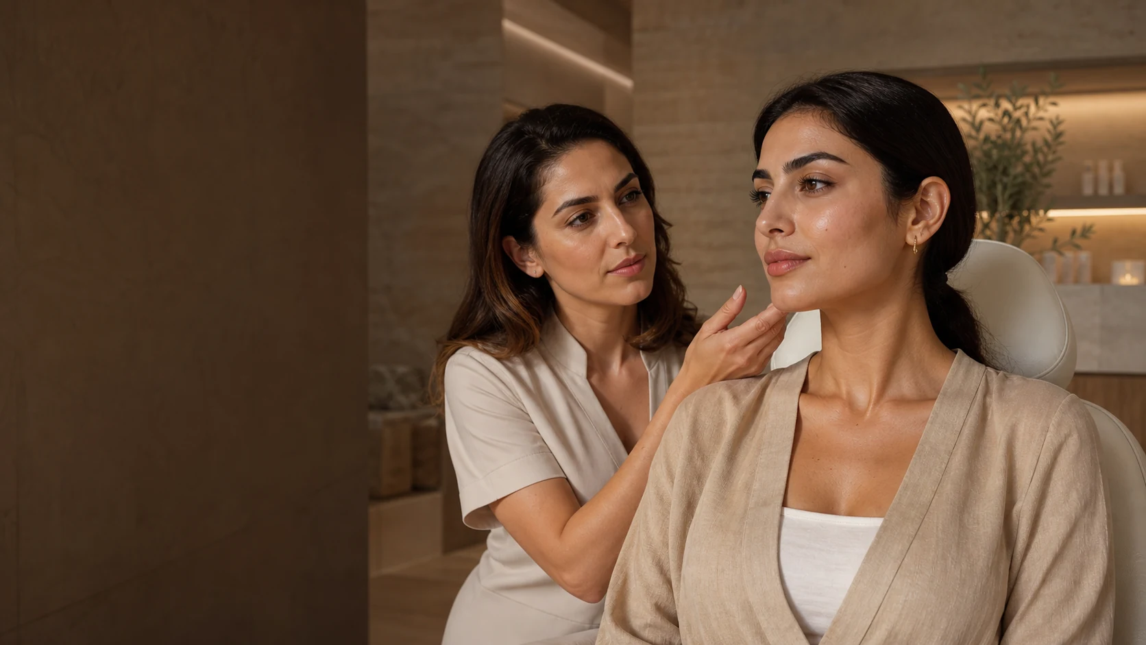 Adult patient having a calm facial skin consultation in a warm Dubai skin studio