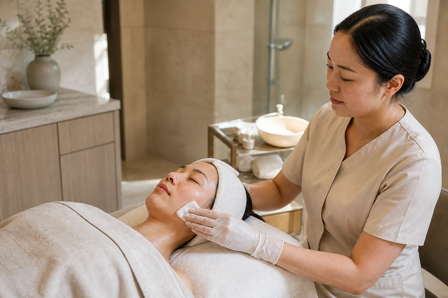 Adult receiving a gentle cleansing and hydrating facial from a skincare professional