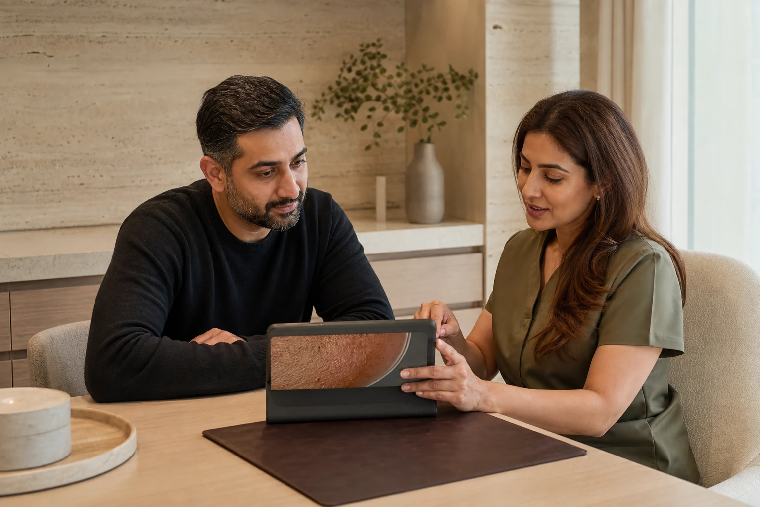 Adult patient and skincare professional reviewing a facial skin analysis together