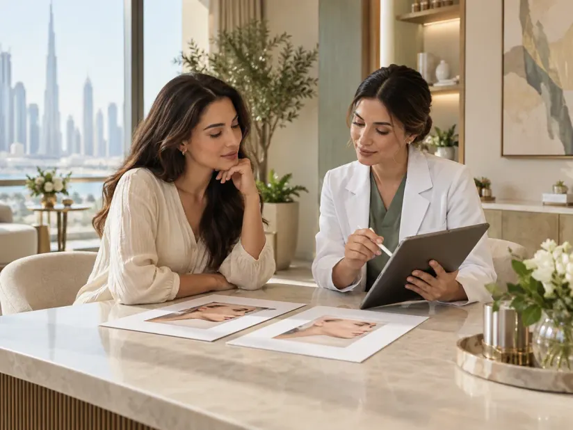 Woman and clinician comparing facial-treatment information on a tablet
