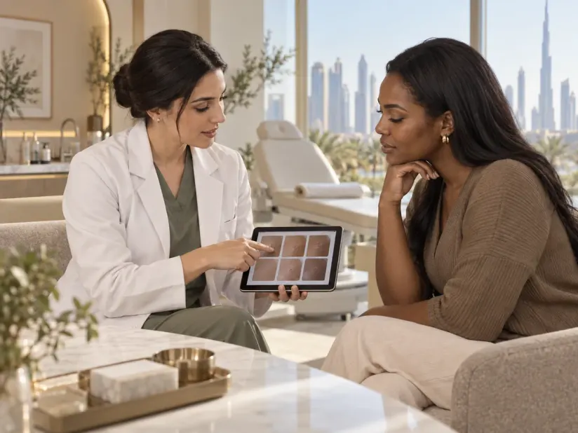Clinician discussing skin photographs with a woman with darker skin
