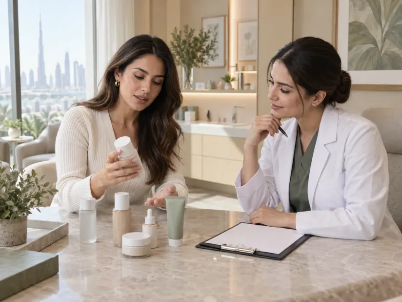 Woman showing skincare bottles to a clinician during a product review